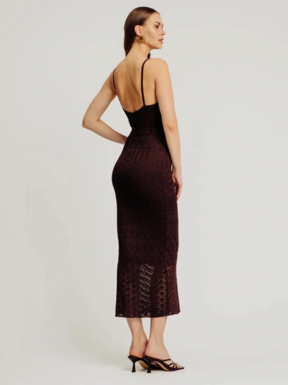 Torn by Ronny Kobo Vanessa Cocoa Pointelle Knit Midi Dress
